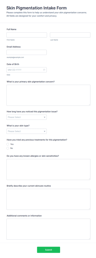 Skin Pigmentation Intake Form Template