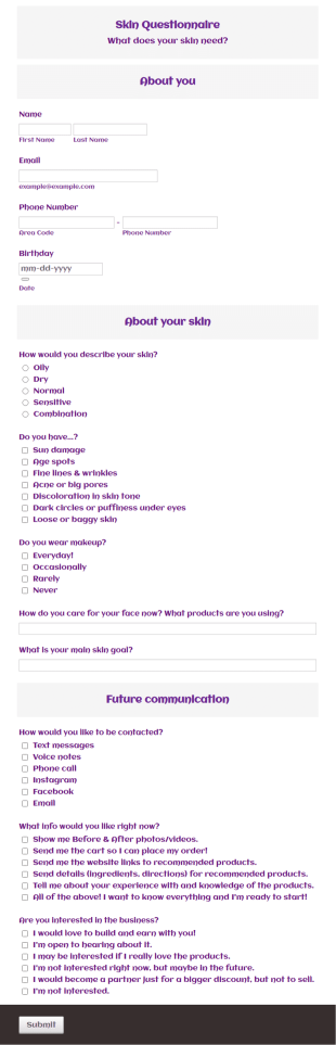 Skin Questionnaire Form Template