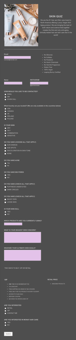 Skin Quiz Jackie Form Template