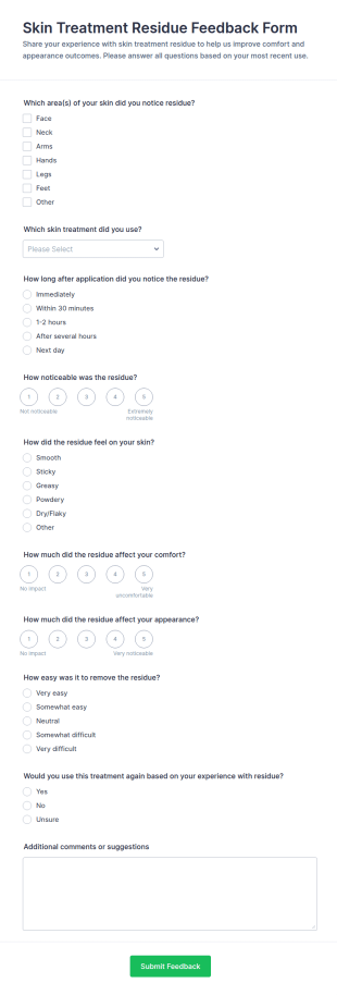 Skin Treatment Residue Feedback Form Template