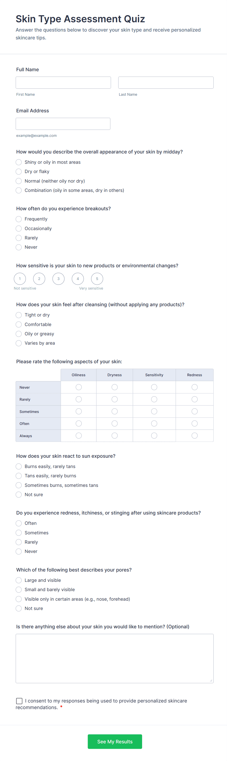 Skin Type Assessment Quiz Form Template Jotform