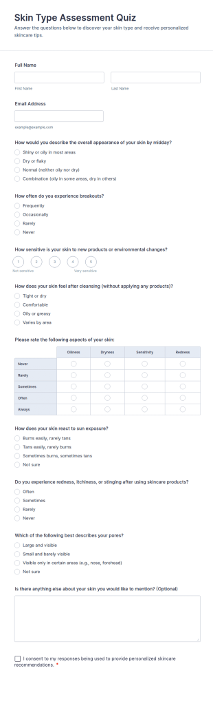 Skin Type Assessment Quiz Form Template