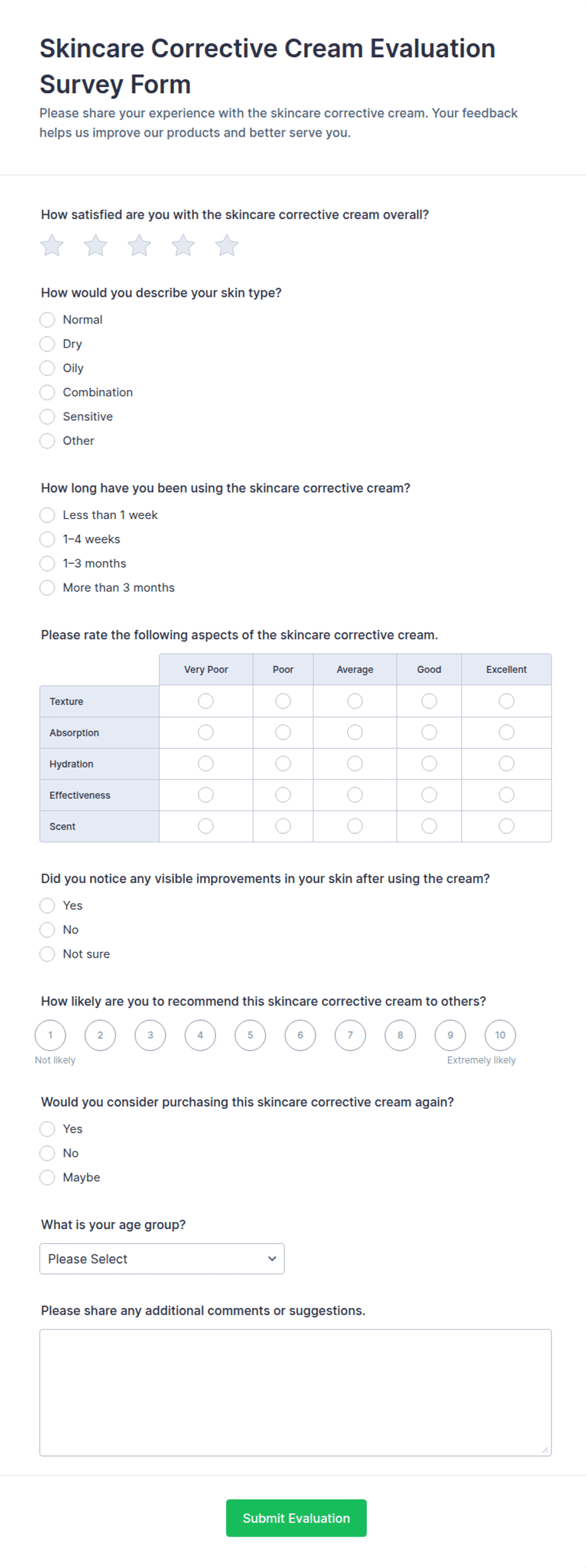 Skincare Corrective Cream Evaluation Survey Form Template | Jotform