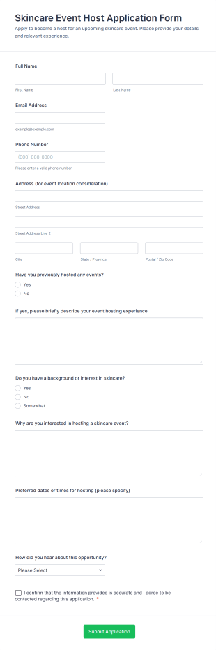 Skincare Event Host Application Form Template