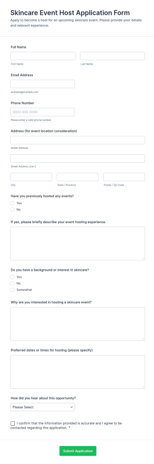 Skincare Event Host Application Form Template