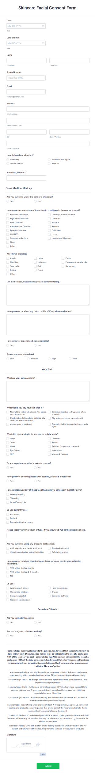 Skincare Facial Consent Form Template