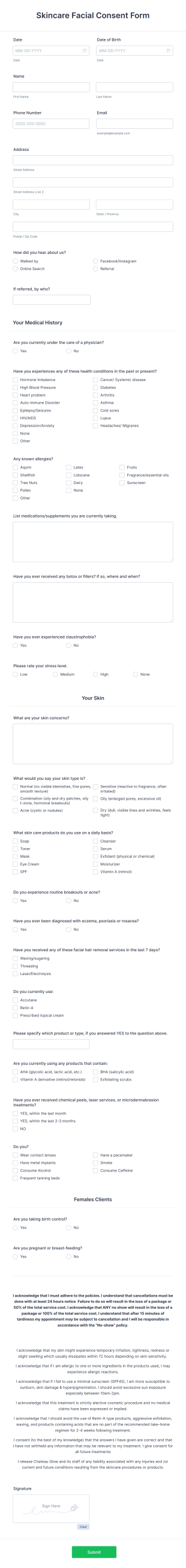 Skincare Facial Consent Form Template