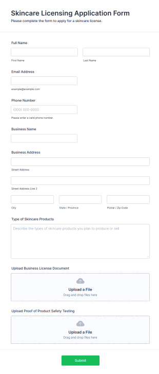 Skincare Licensing Application Form Template