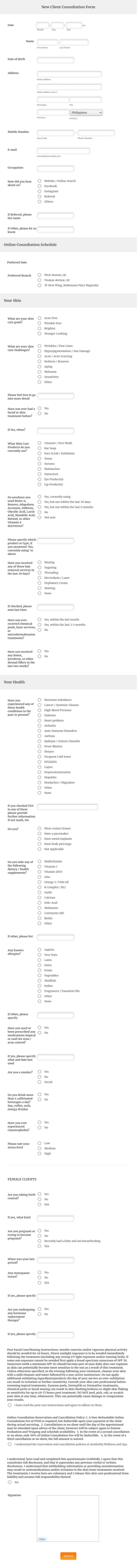 Skincare New Customer Consultation Form Template