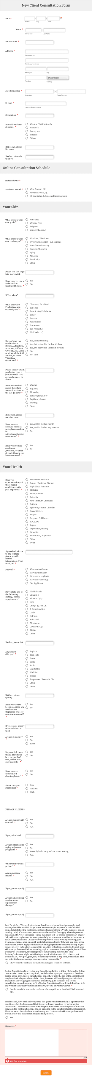 Skincare New Customer Consultation Form Template