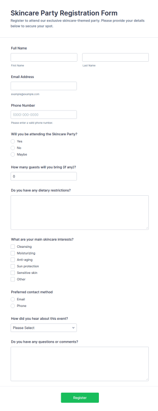 Skincare Party Registration Form Template