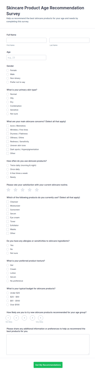 Skincare Product Age Recommendation Survey Form Template