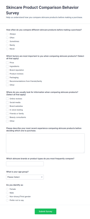 Skincare Product Comparison Behavior Survey Form Template