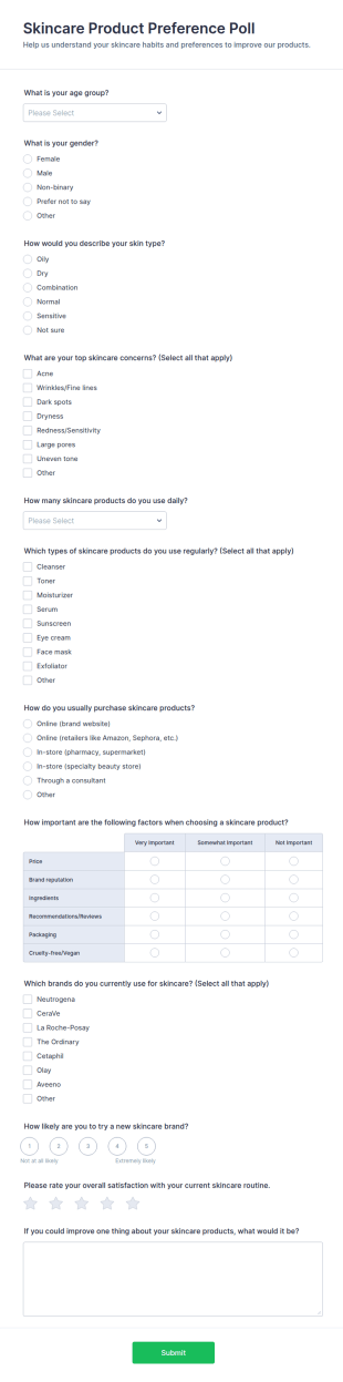 Skincare Product Preference Poll Form Template