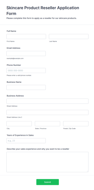 Skincare Product Reseller Application Form Form Template