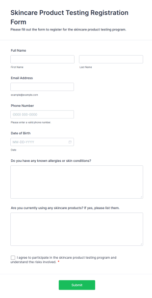 Skincare Product Testing Registration Form Form Template