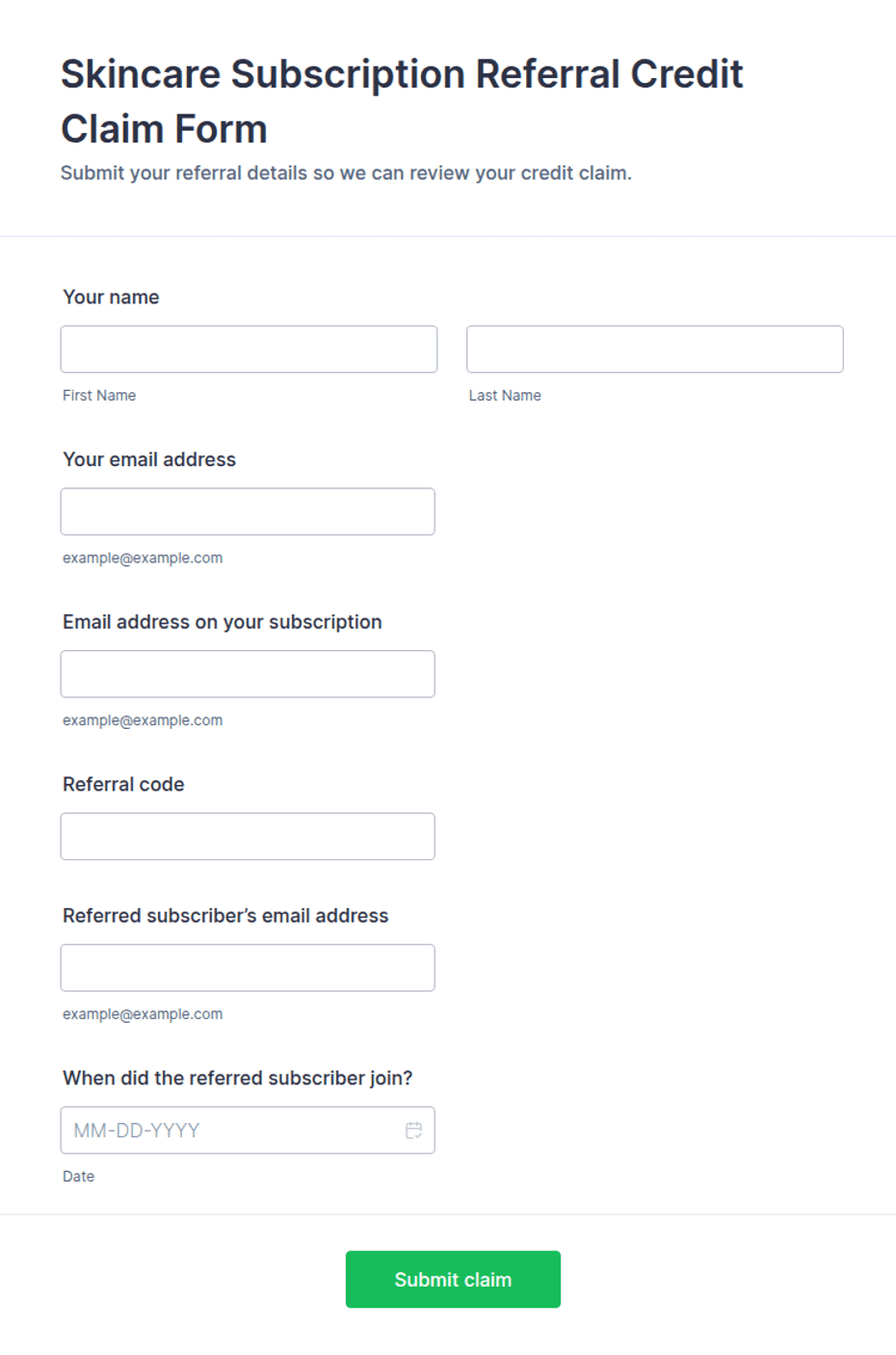 Skincare Subscription Referral Credit Claim Form Template | Jotform