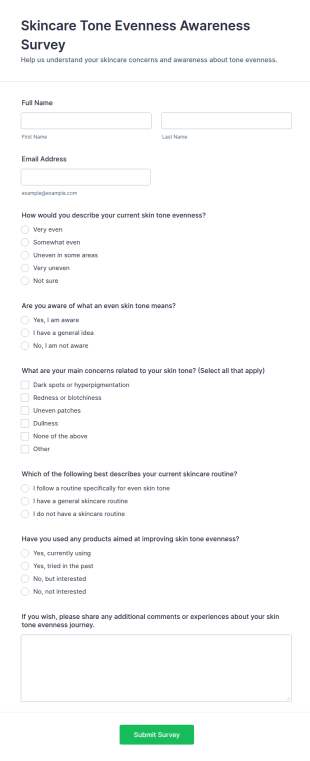 Skincare Tone Evenness Awareness Survey Form Template