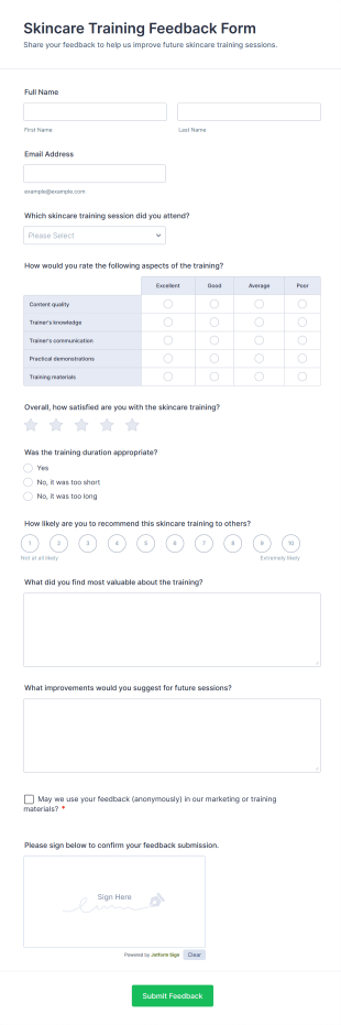 Skincare Training Feedback Form Template