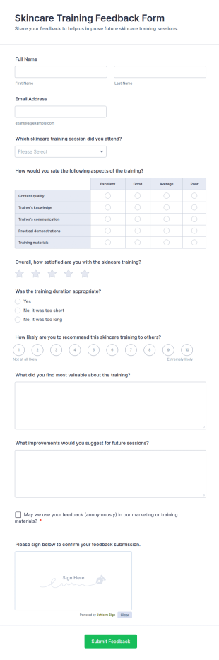 Skincare Training Feedback Form Template