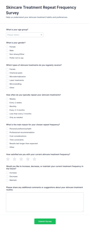 Skincare Treatment Repeat Frequency Survey Form Template