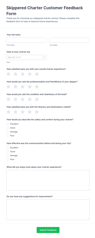 Skippered Charter Customer Feedback Form Template
