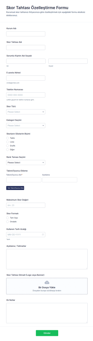 Skor Tablosu Özelleştirme Form Şablonu