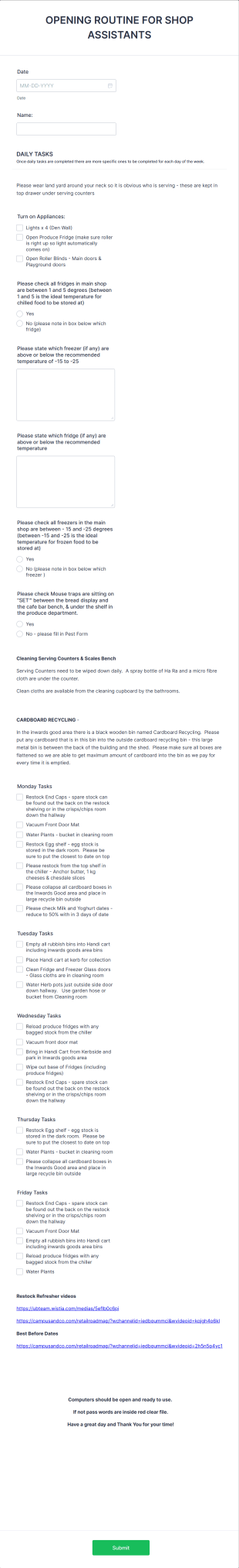 Shop Assistant Opening Routine Checklist Form Template