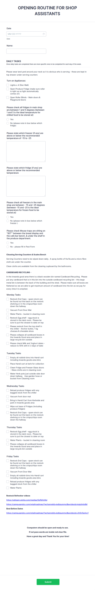Shop Assistant Opening Routine Checklist Form Template