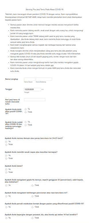 Skrining Pra Janji Temu Pada Masa COVID 19 Form Template