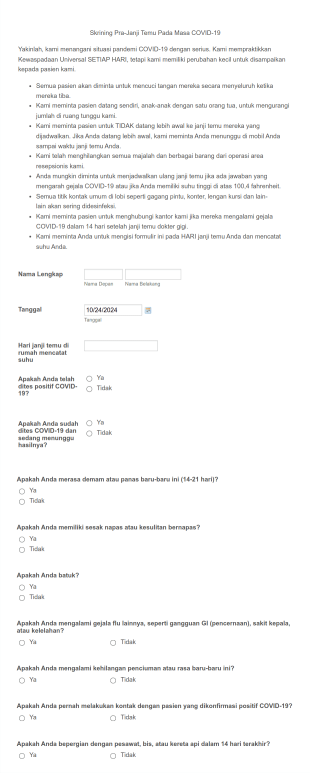 Skrining Pra Janji Temu Pada Masa COVID 19 Form Template