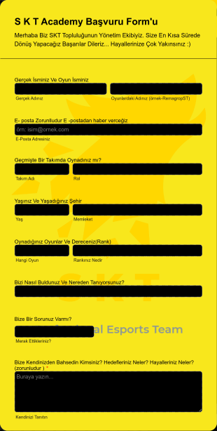 SKT E Spor Academy Başvuru Form Template