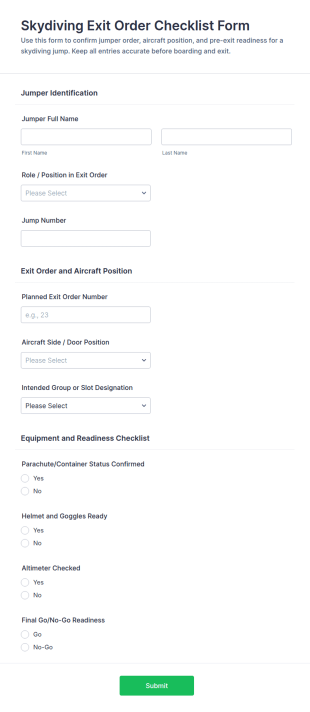 Skydiving Exit Order Checklist Form Template