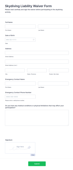 Skydiving Liability Waiver Form Template