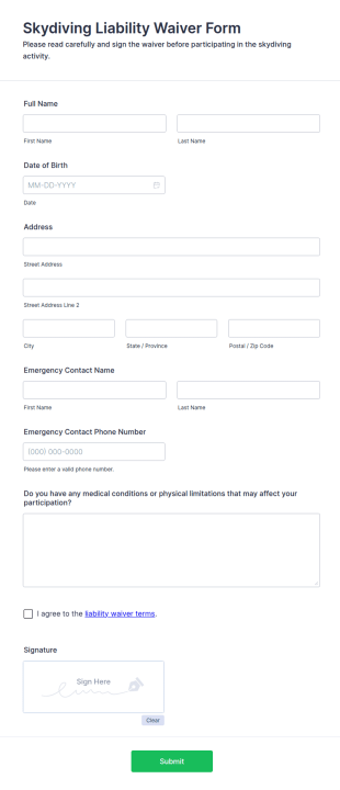 Skydiving Liability Waiver Form Template