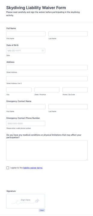 Skydiving Liability Waiver Form Template