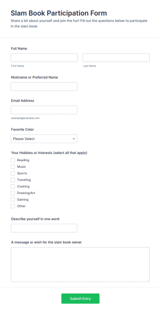 Slam Book Participation Form Template