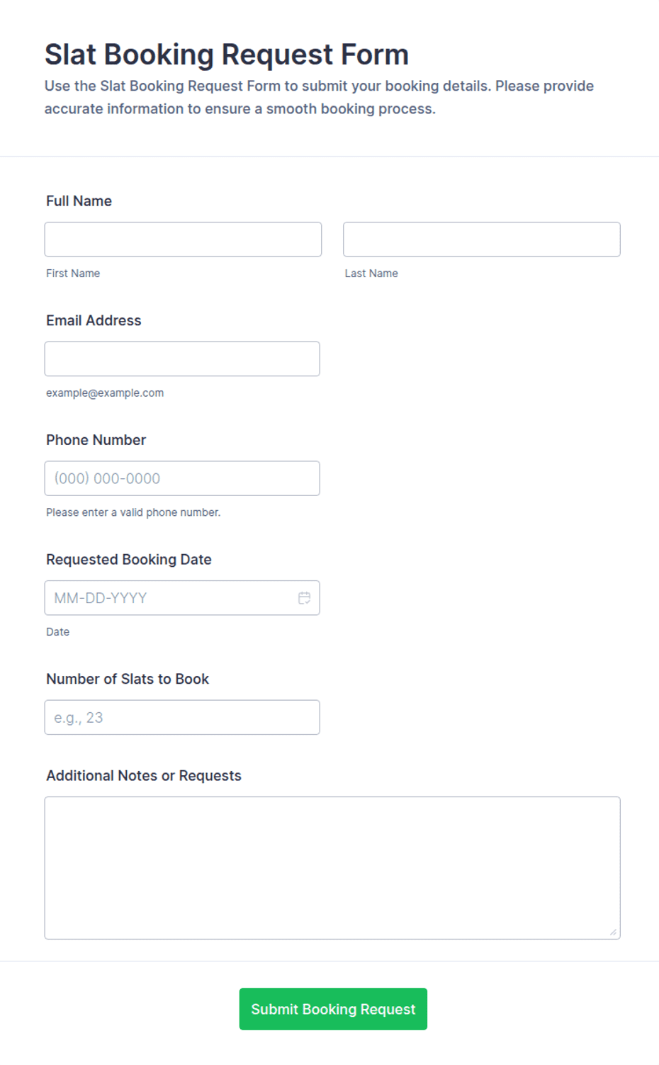 Slat Booking Request Form Template | Jotform