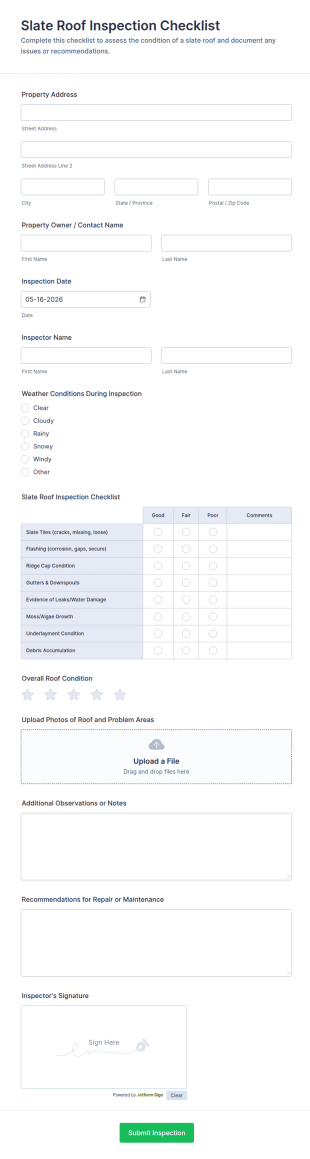 Slate Roof Inspection Checklist Form Template