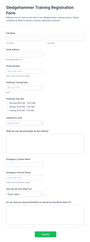 Sledgehammer Training Registration Form Template