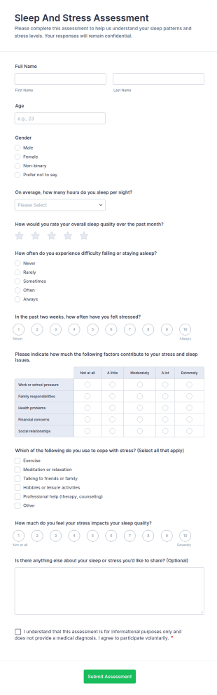 Sleep And Stress Assessment Form Template