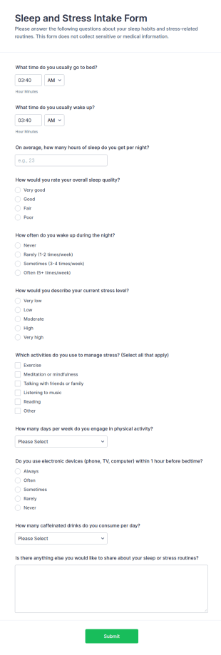 Sleep And Stress Intake Form Template
