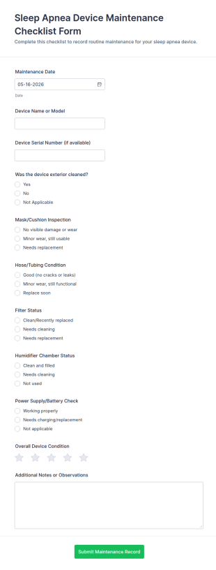 Sleep Apnea Device Maintenance Checklist Form Template