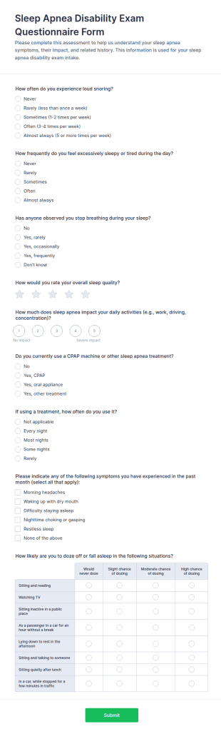 Sleep Apnea Disability Exam Questionnaire Form Template