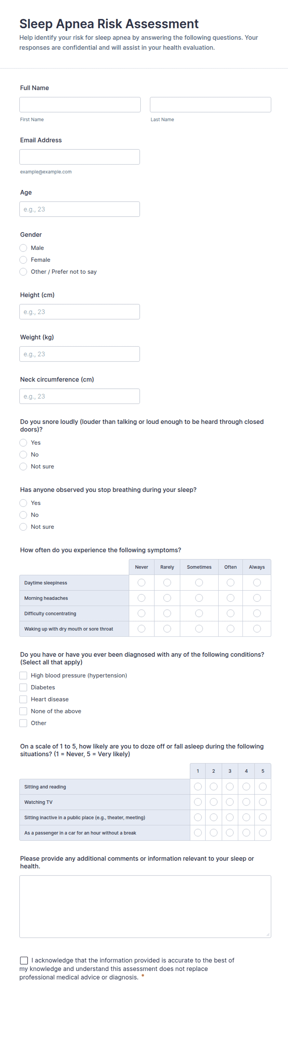 Sleep Apnea Risk Assessment Form Template | Jotform