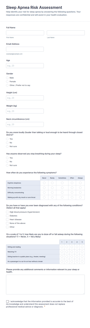 Sleep Apnea Risk Assessment Form Template