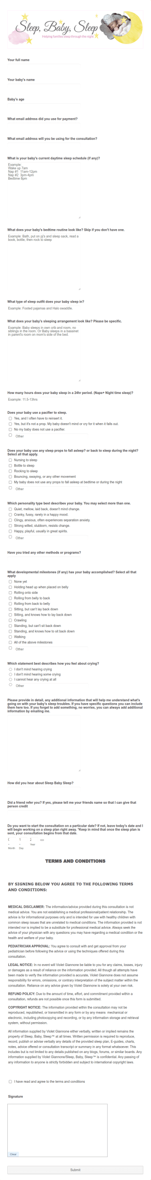 Sleep Baby Sleep Intake Form Template