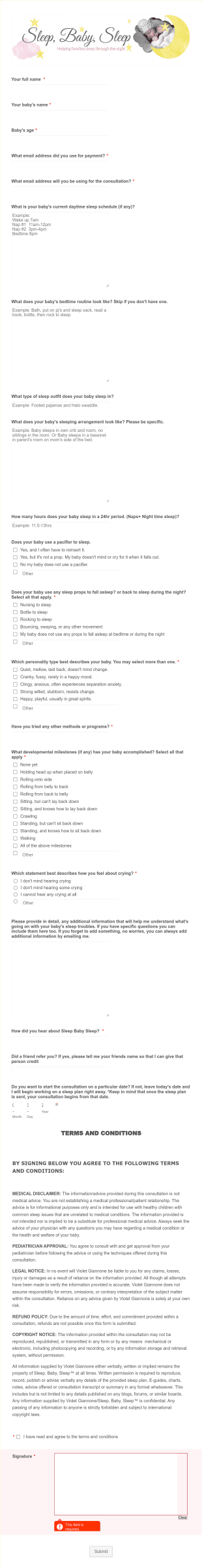 Sleep Baby Sleep Intake Form Template