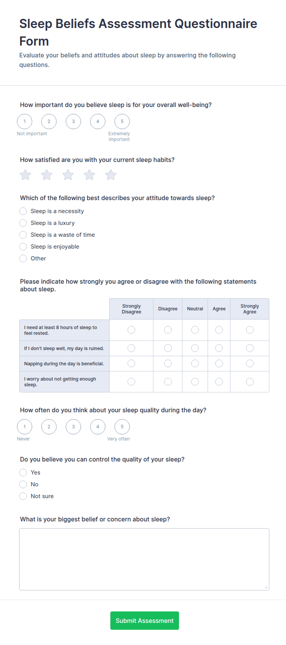 Sleep Beliefs Assessment Questionnaire Form Template | Jotform