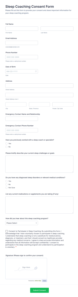 Sleep Coaching Consent Form Template